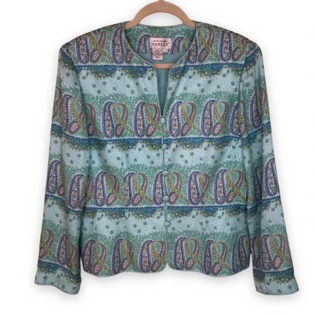Vintage Adrianna Papell Paisley Silk Jacket Button Front Round Neck Women 12